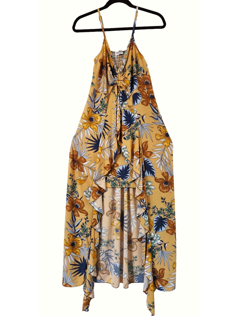 YUNA Tropical High-Low Dress Stretch Smocked Back Resort Beach Vacation (L/XL)